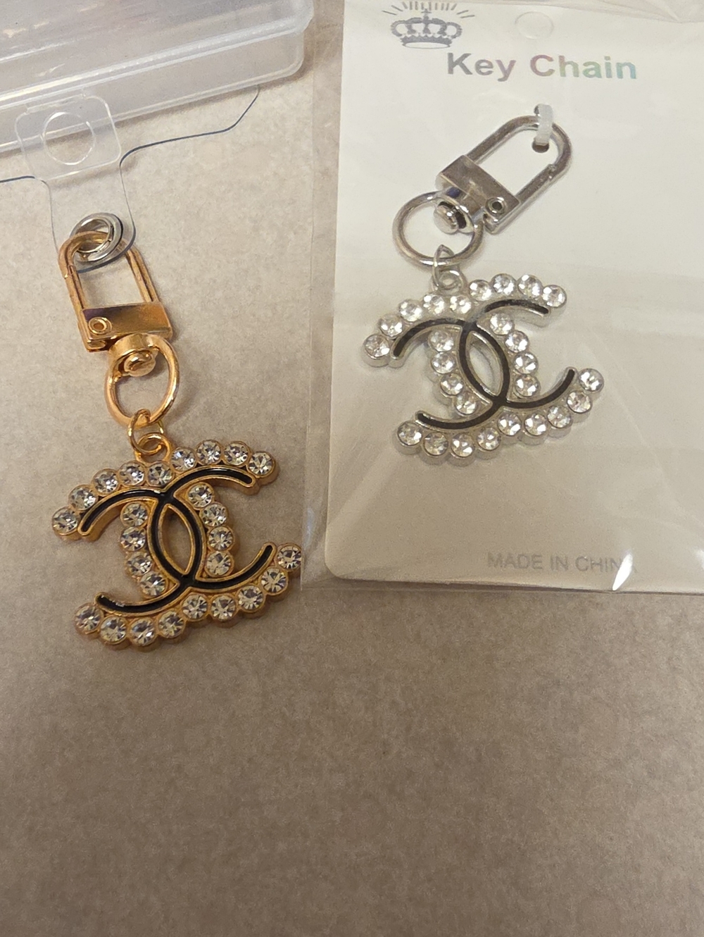Gold Crystal Double-C Logo Keychain Charm / Phone Charm.